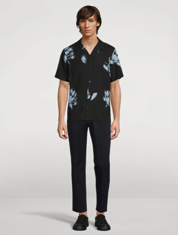 Lyocell Short-Sleeve Shirt Dark Flower Print