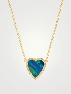 Mini 18K Opal Inlay Heart Necklace With Diamonds