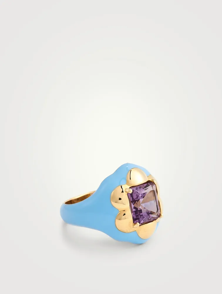 Floral Disco Signet Ring With Amethyst