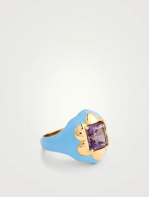 Floral Disco Signet Ring With Amethyst