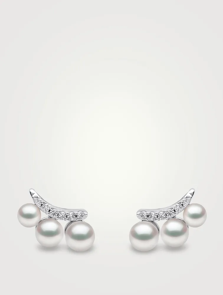 Sleek 18K White Gold Akoya Pearl Earrings With Diamonds