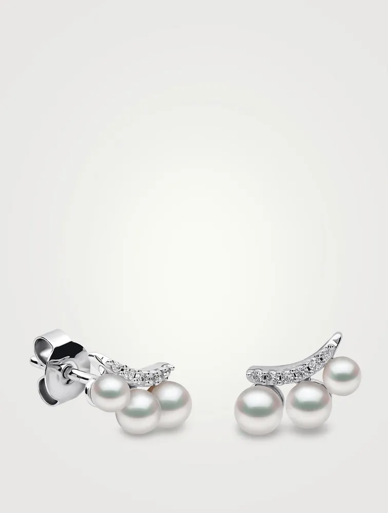 Sleek 18K White Gold Akoya Pearl Earrings With Diamonds