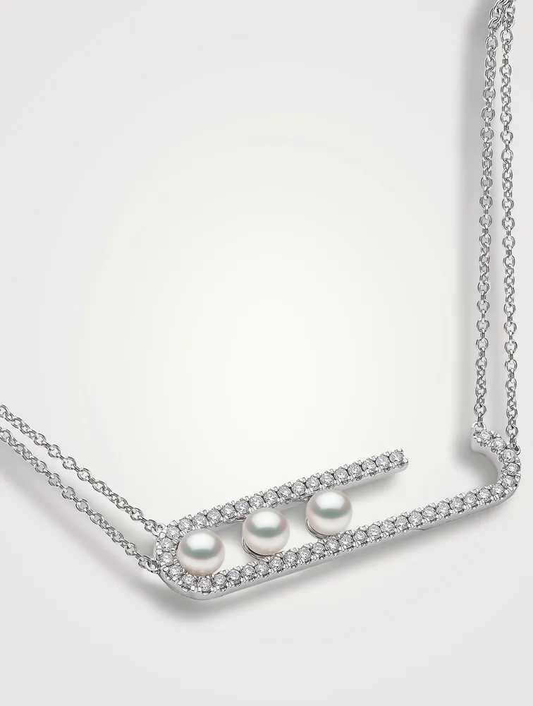 Sleek 18K White Gold Akoya Pearl Necklace With Diamonds