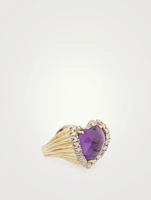 Vintage 14K Gold Heart Cocktail Ring With Amethyst And Diamonds