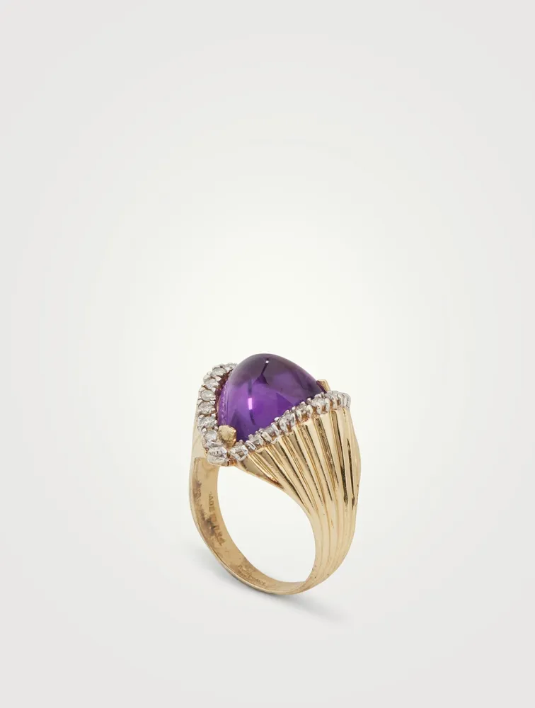 Vintage 14K Gold Heart Cocktail Ring With Amethyst And Diamonds