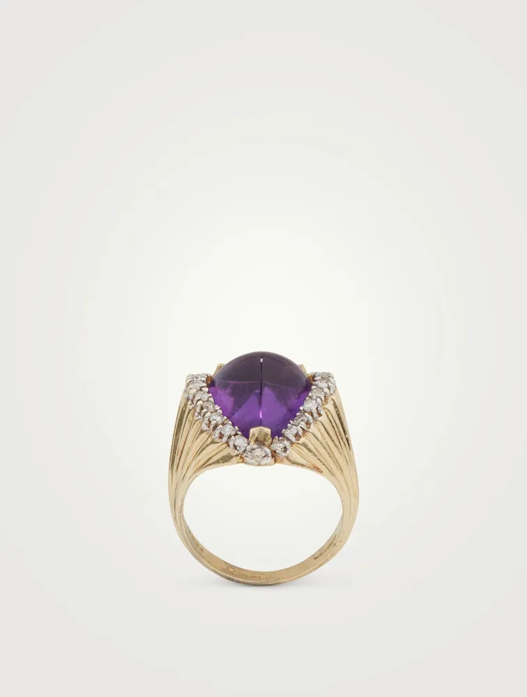 Vintage 14K Gold Heart Cocktail Ring With Amethyst And Diamonds