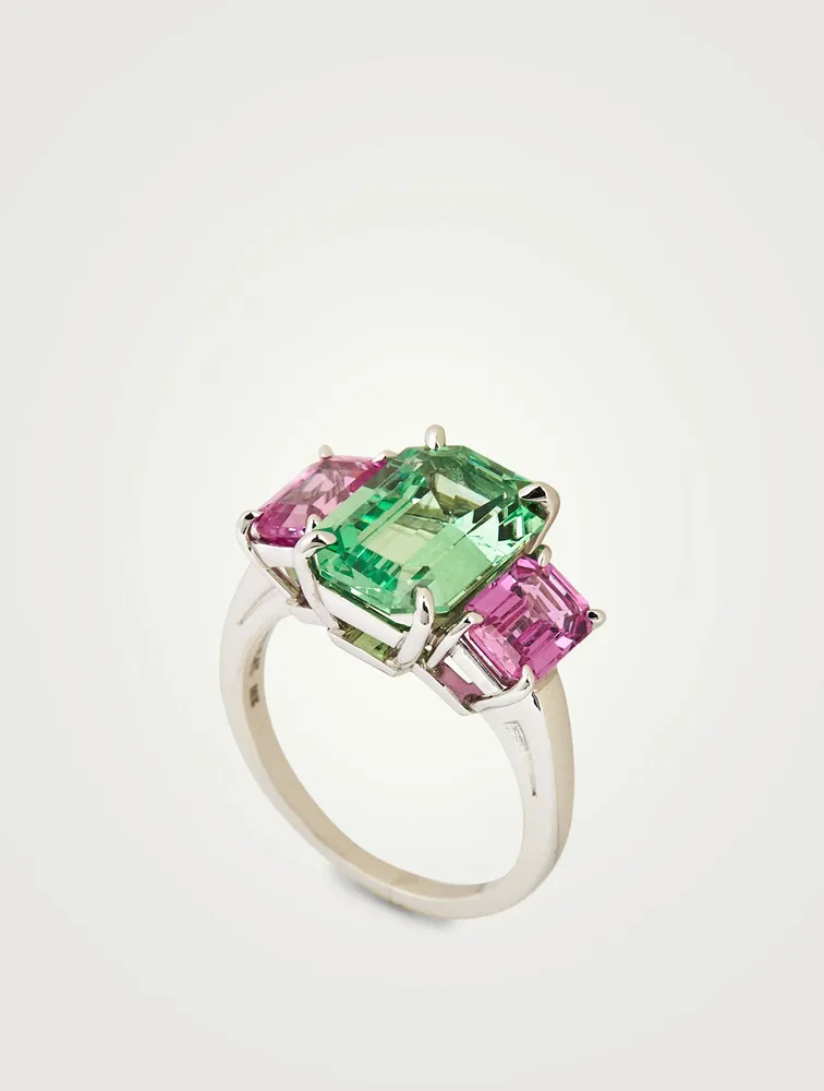 Emerald Cut Tsavorite And Pink Sapphire Ring