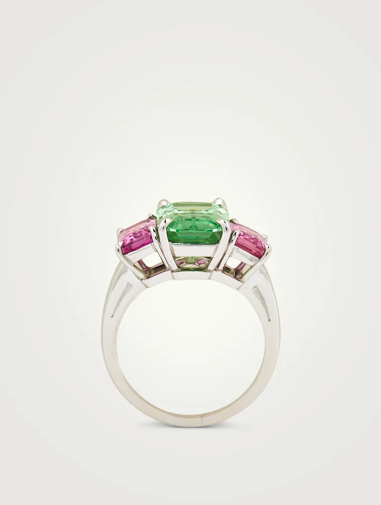 Emerald Cut Tsavorite And Pink Sapphire Ring