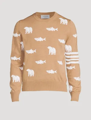 Wool Bear And Salmon Intarsia Sweater