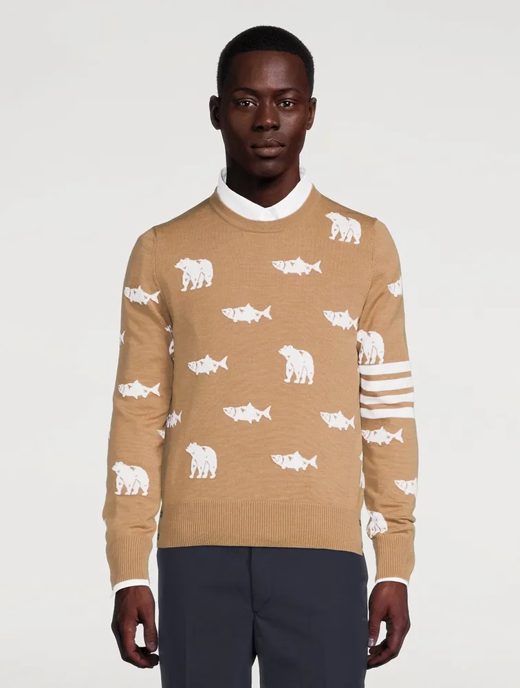 Wool Bear And Salmon Intarsia Sweater