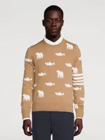 Wool Bear And Salmon Intarsia Sweater