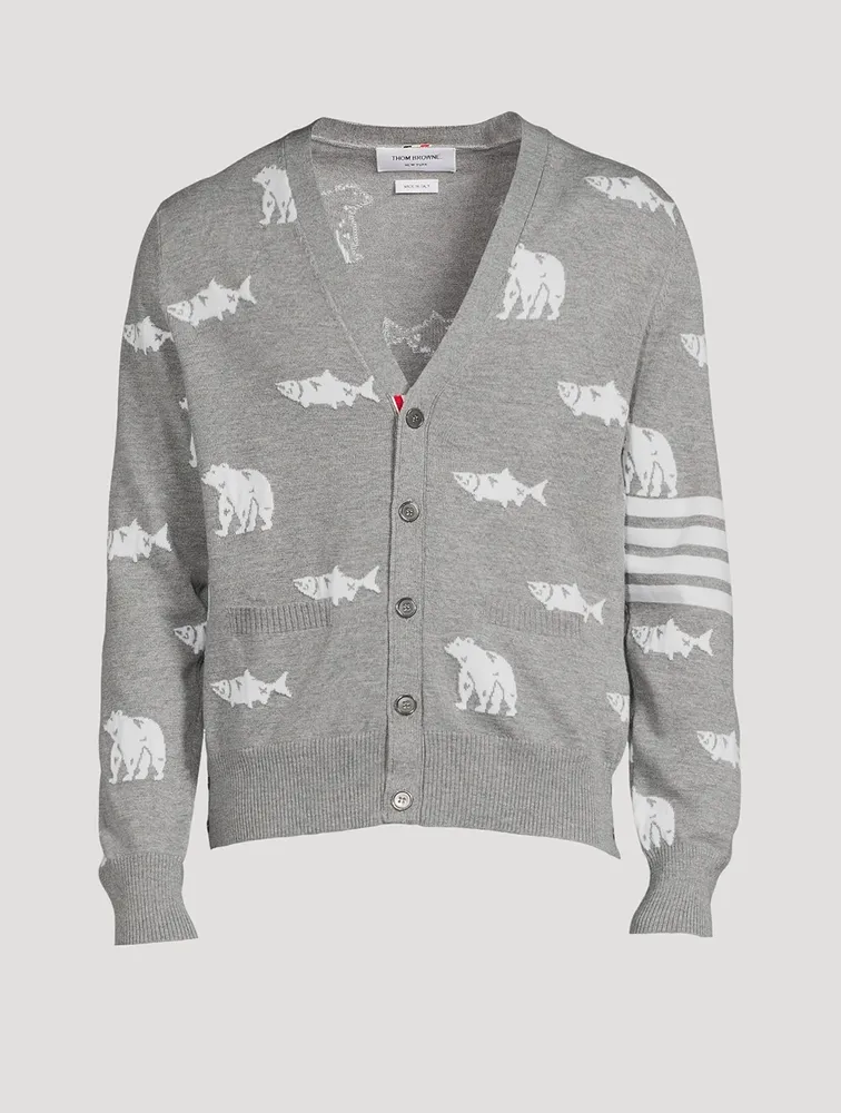 Wool Bear And Salmon Intarsia Cardigan