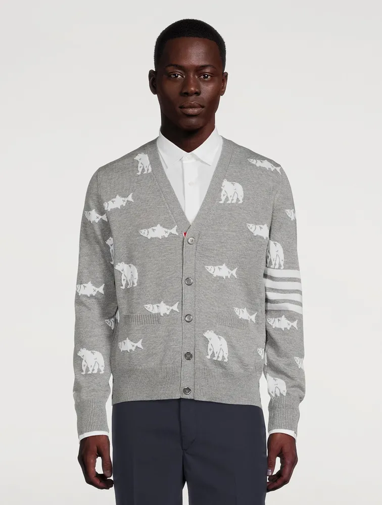 Wool Bear And Salmon Intarsia Cardigan