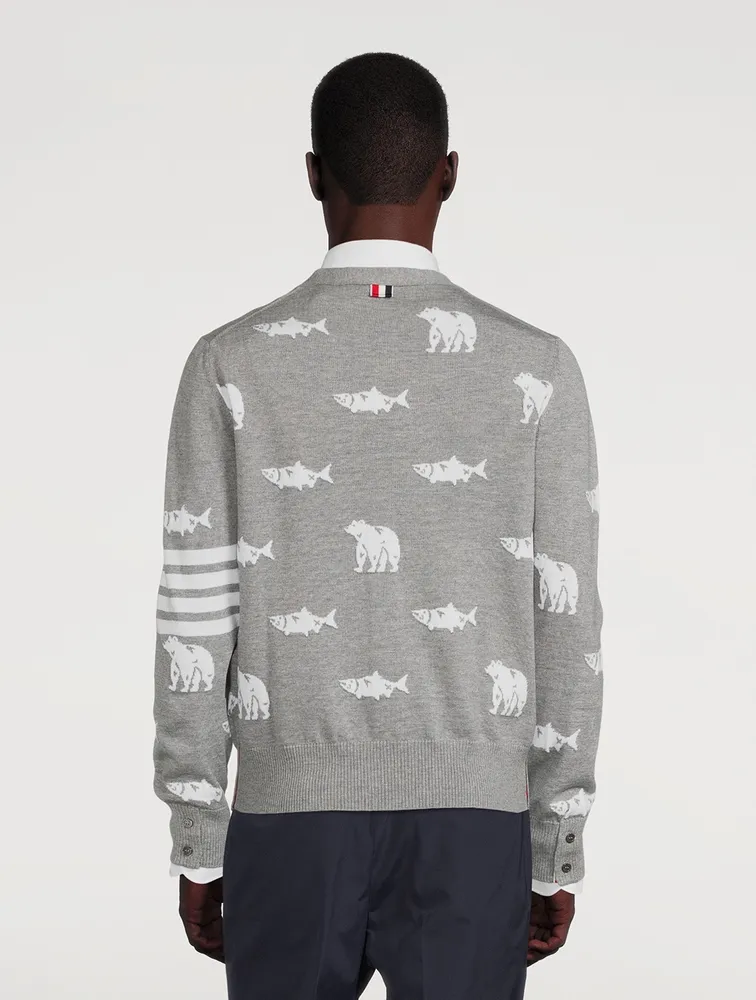 Wool Bear And Salmon Intarsia Cardigan