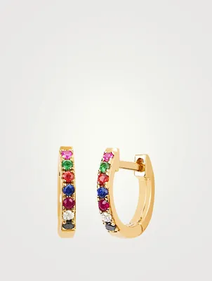 14K Gold Rainbow Mini Huggie Earrings With Diamonds