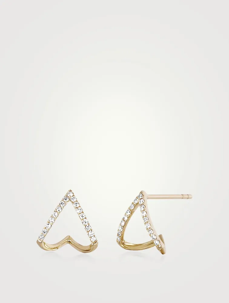 14K Gold Chevron Huggie Earrings With Diamonds