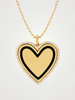 14K Gold Enamel Heart Necklace With Diamonds