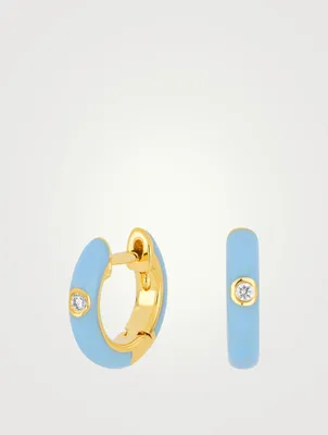 14K Gold Enamel Huggie Hoop Earrings With Diamonds