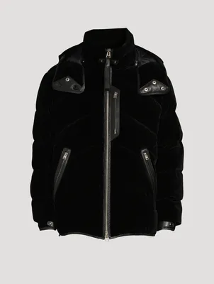 Velvet Down Puffer Jacket With Leather Detail