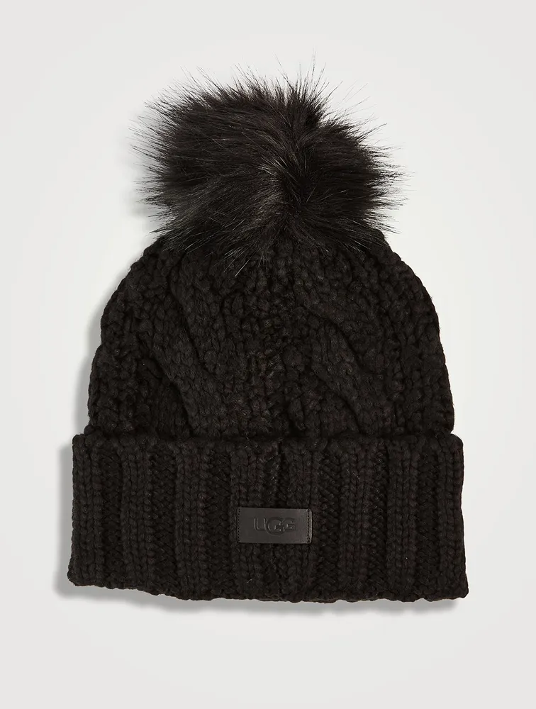 Cable Knit Toque With Faux Fur Pom