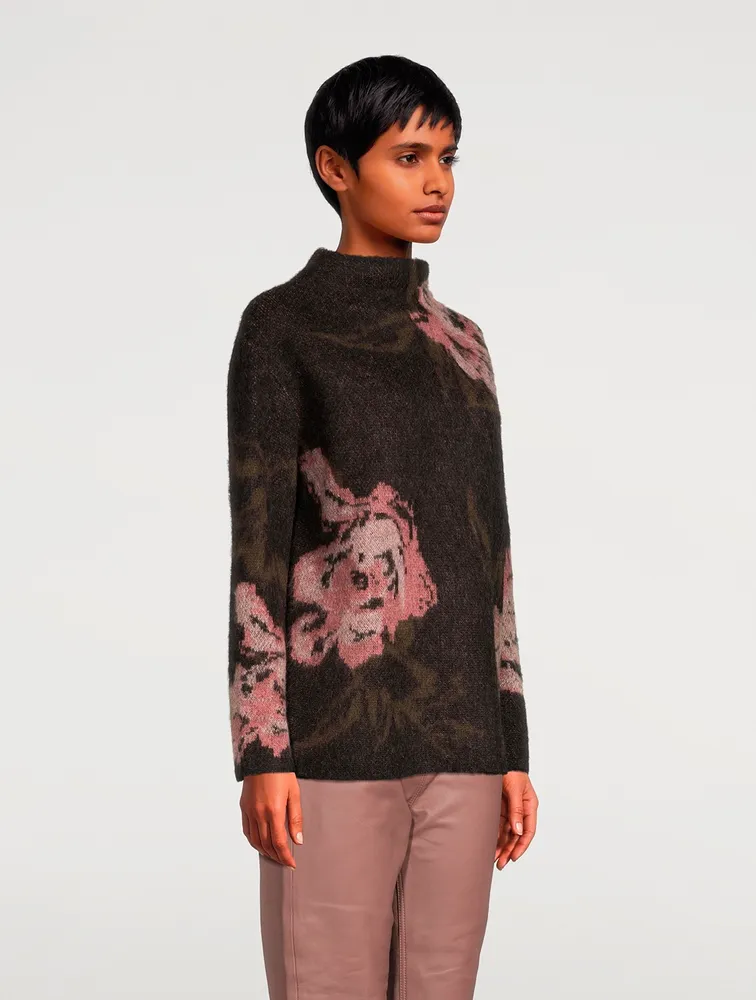 Rose Jacquard Funnel-Neck Sweater