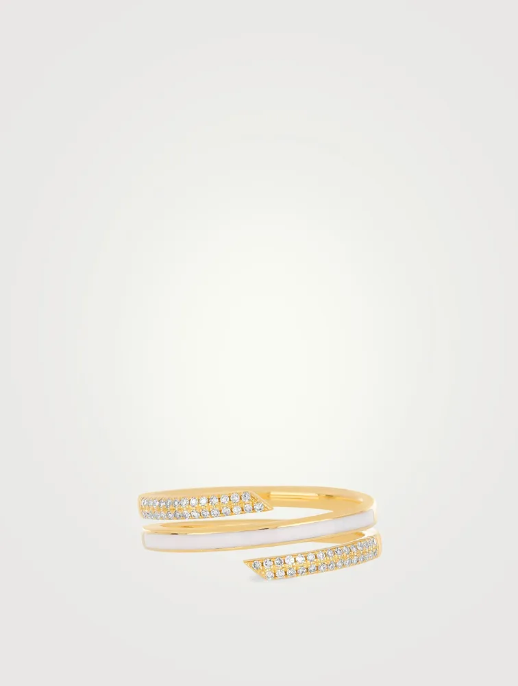 14K Gold Enamel Swirl Ring With Diamonds