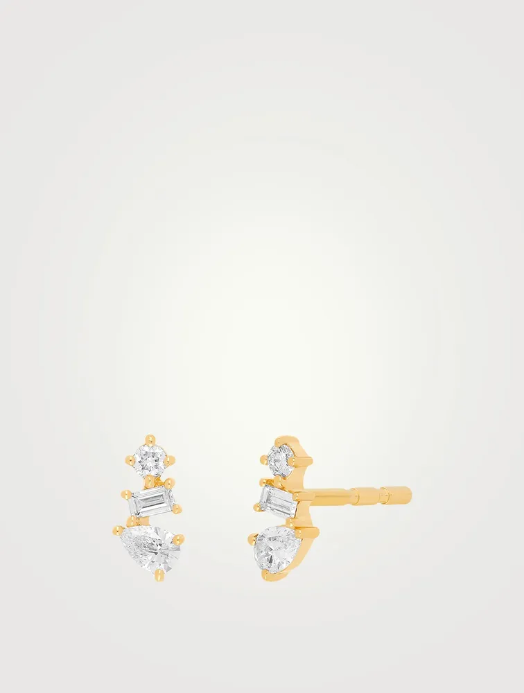 14K Gold Multi Faceted Stud Earrings With Diamonds