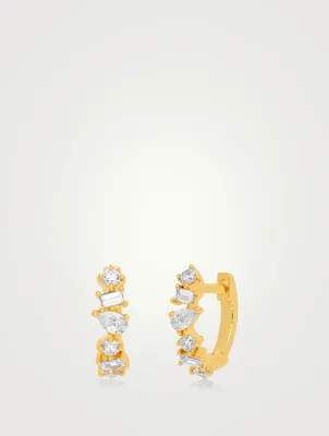 14K Gold Multi Faceted Huggie Earrings With Diamonds