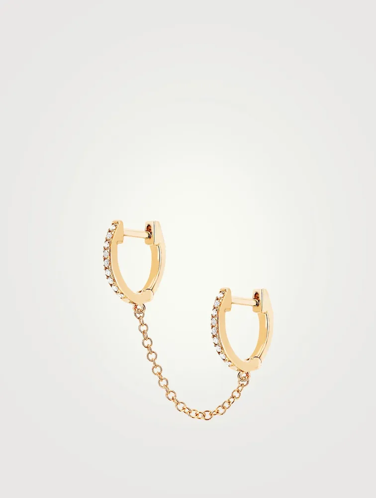 14K Gold Double Huggie Chain Earring With Diamonds