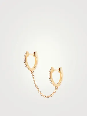 14K Gold Double Huggie Chain Earring With Diamonds