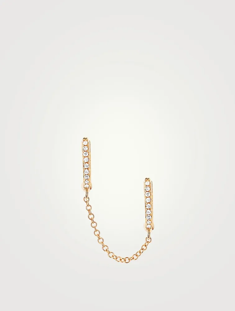 14K Gold Double Huggie Chain Earring With Diamonds