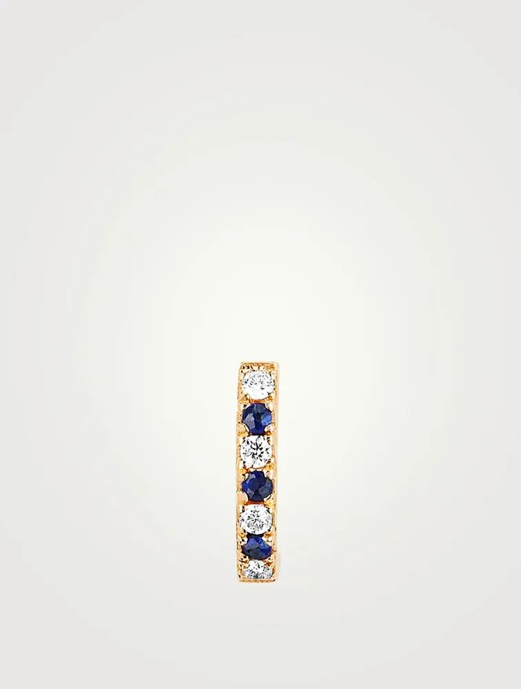 14K Gold Mini Dot Huggie Earring With Blue Sapphire And Diamonds