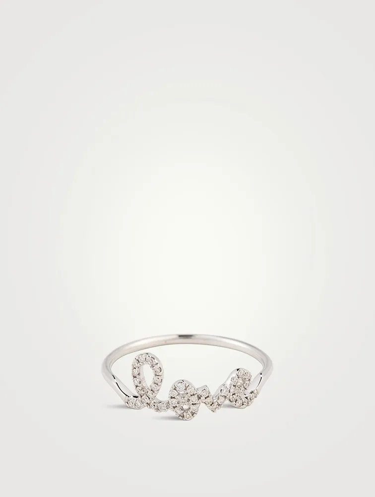 14K White Gold Love Script Ring With Diamonds