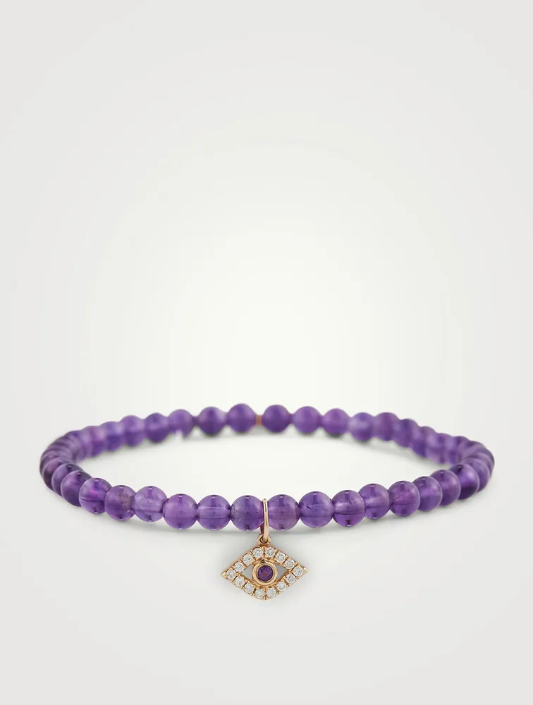 Beaded Bracelet With 14K Gold Diamond And Amethyst Evil Eye Charm