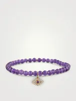 Beaded Bracelet With 14K Gold Diamond And Amethyst Evil Eye Charm