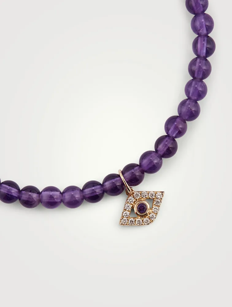 Beaded Bracelet With 14K Gold Diamond And Amethyst Evil Eye Charm