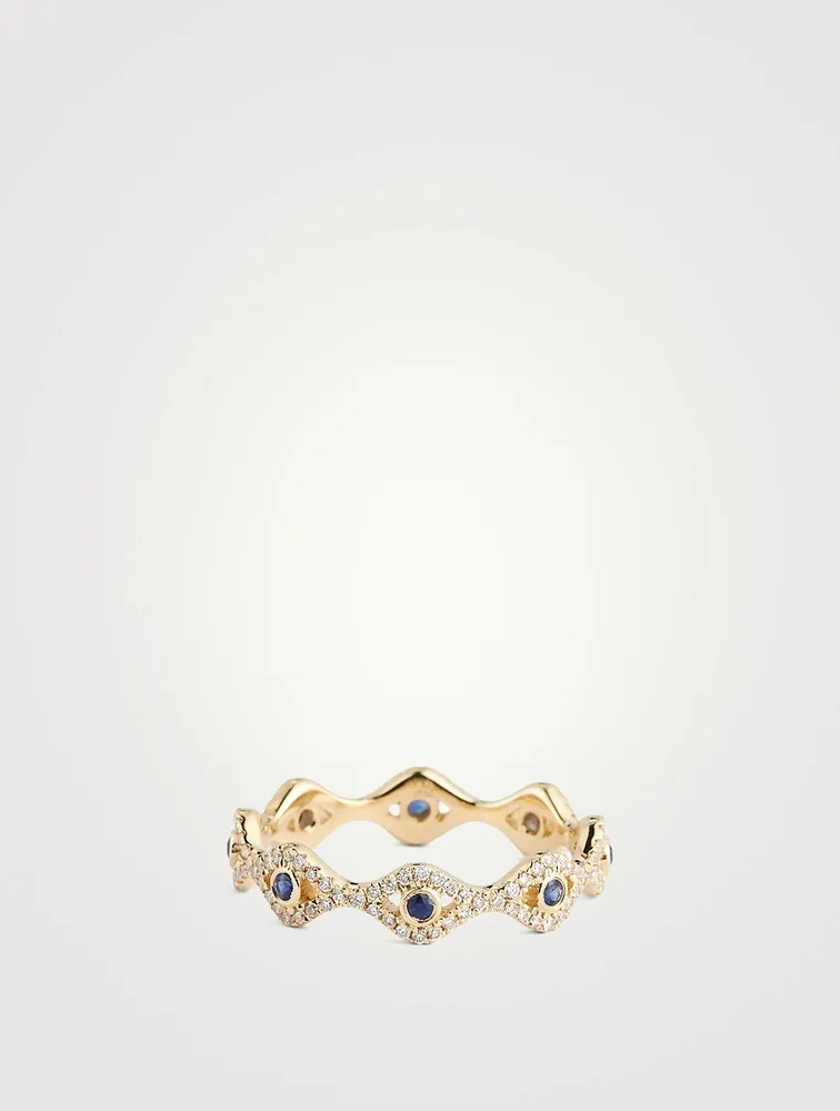 14K Gold Evil Eye Eternity Ring With Diamonds And Sapphire