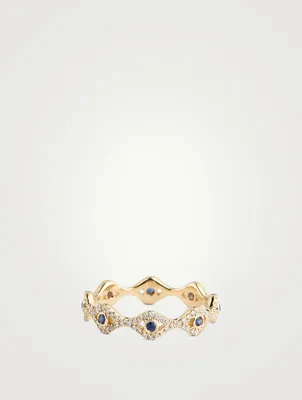 14K Gold Evil Eye Eternity Ring With Diamonds And Sapphire