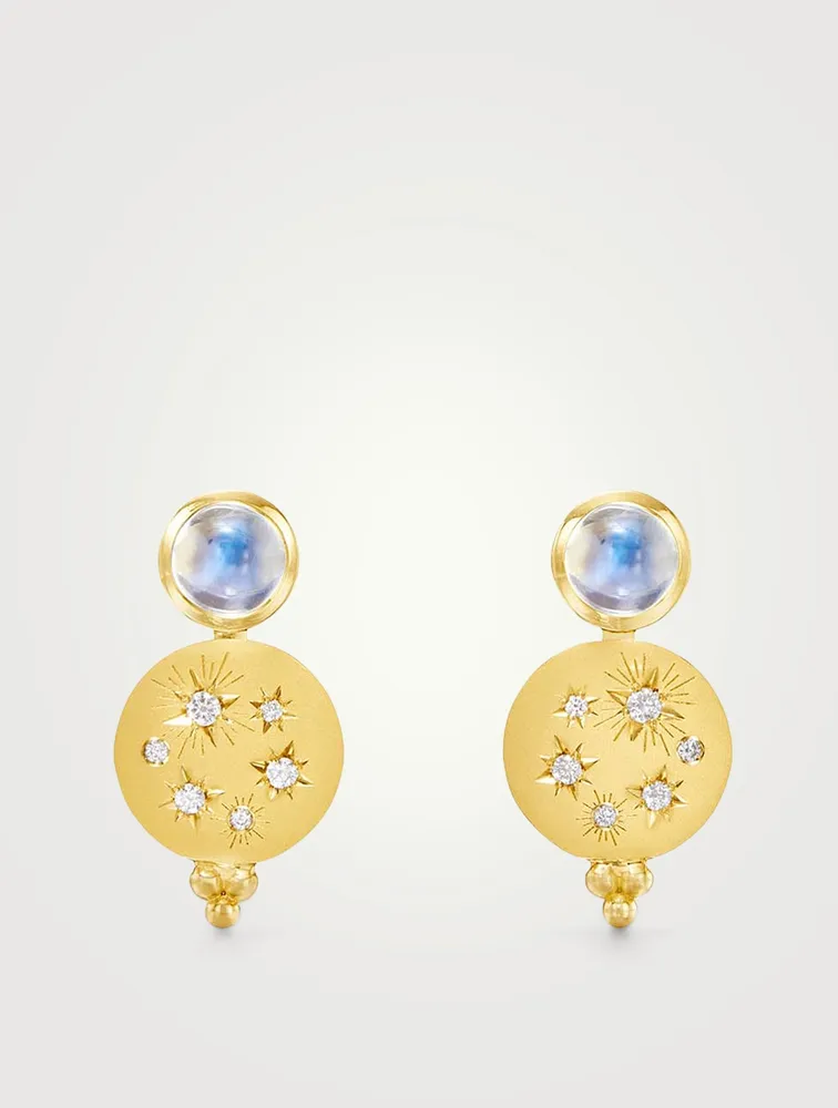18K Gold Cosmos Drop Earrings With Blue Moonstone And Diamonds