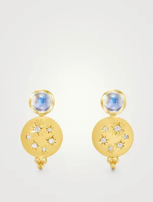 18K Gold Cosmos Drop Earrings With Blue Moonstone And Diamonds
