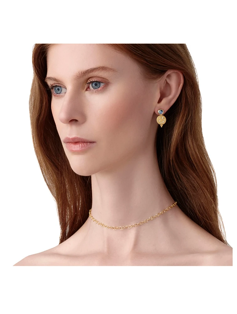 18K Gold Cosmos Drop Earrings With Blue Moonstone And Diamonds