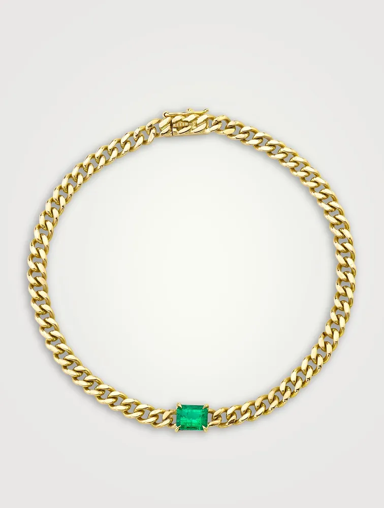 18K Gold Cuban Link Bracelet With Emerald