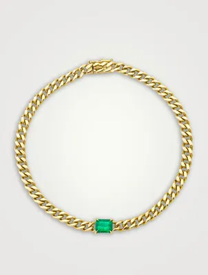 18K Gold Cuban Link Bracelet With Emerald