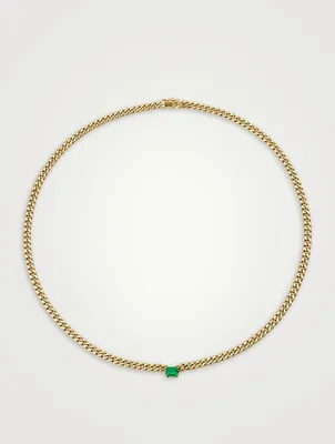 18K Gold Cuban Link Necklace With Emerald