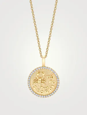 18K Gold Zodiac Scorpio Coin Pendant Necklace With Diamonds