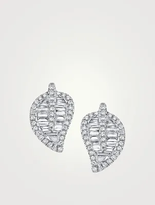 18K White Gold Small Leaf Stud Earrings With Diamonds