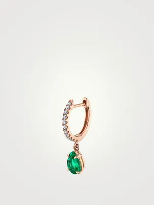 18K Rose Gold Emerald Drop Huggie Earring With Diamonds