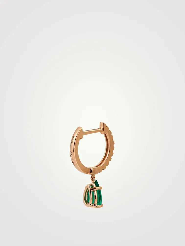 18K Rose Gold Emerald Drop Huggie Earring With Diamonds