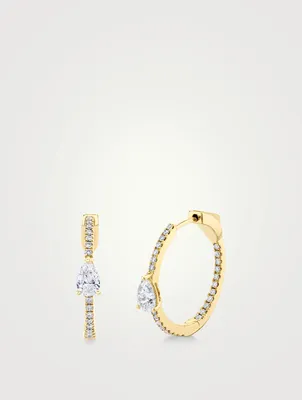 18K Yellow Gold Diamond Hoop Earrings With Pear Diamond Center