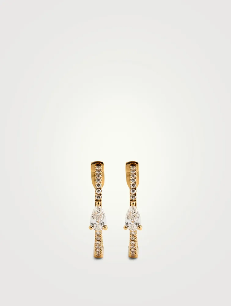 18K Yellow Gold Diamond Hoop Earrings With Pear Diamond Center